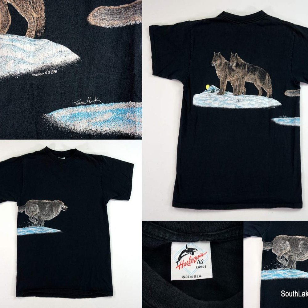 VTG 1986 ALASKA WOLF MOON DOUBLE-SIDED T-Shirt Sz Large Nature Animal Harlequin